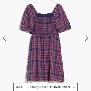 Madewell Dress Lucie Puff-Sleeve Smocked Mini Dress in Rockfern Plaid size L